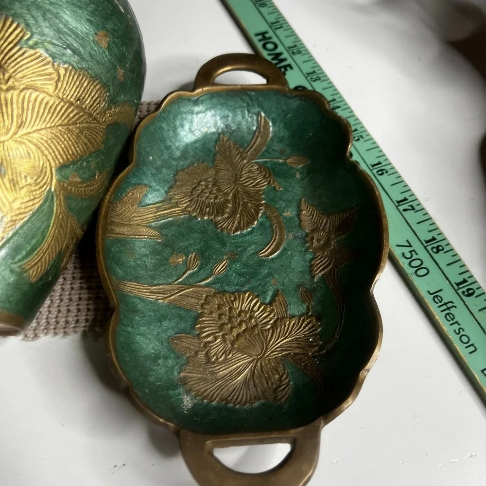 Vintage Brass Green Enamel Floral Set Egg Trinket Box Vase and Scalloped Tray